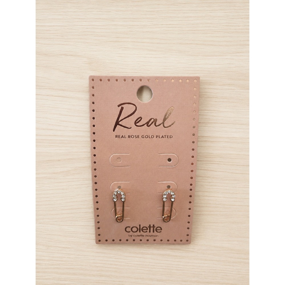 Colette Real Rose Gold Plated Rhinestone Safety Pin Stud Earrings NWT